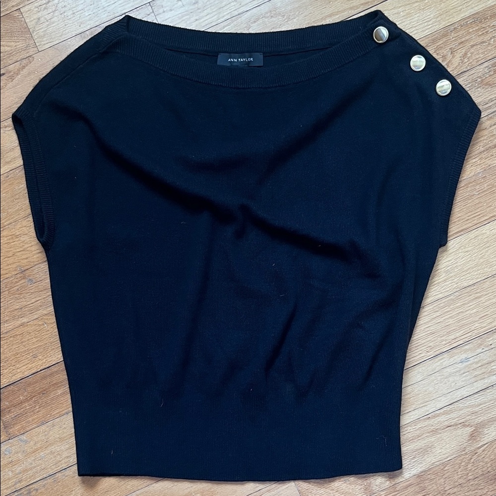 ANN TAYLOR M Black Knit Top with Gold Button Accents